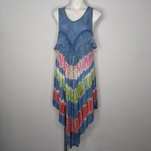 Emily Stacy Blue Green Tie Dye Sleeveless Rayon Handkerchief Hem Boho Dress OS